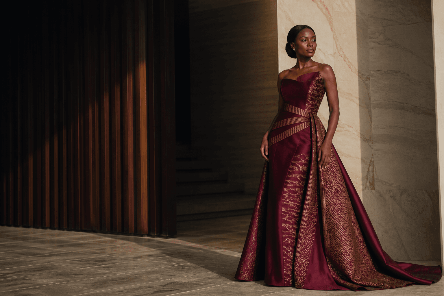 Model wearing a burgundy Amour Couture evening gown