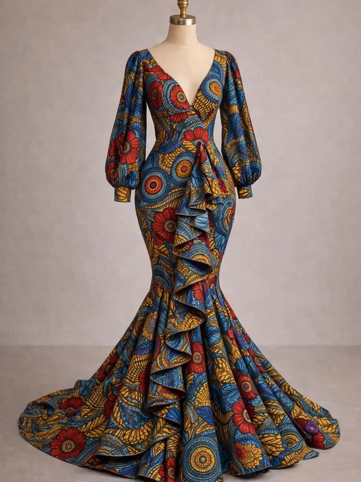 Long-sleeve Ankara mermaid gown with a cascading ruffle down the front