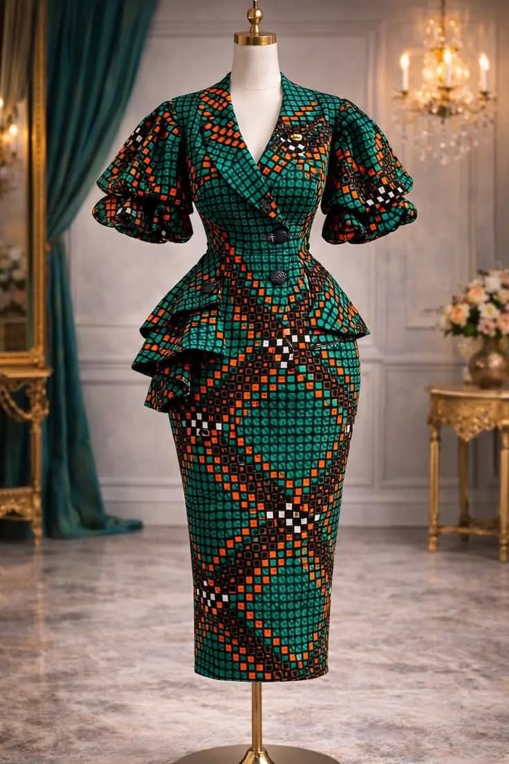 Green Ankara jacket with puff sleeves and a ruffled peplum over a matching pencil skirt