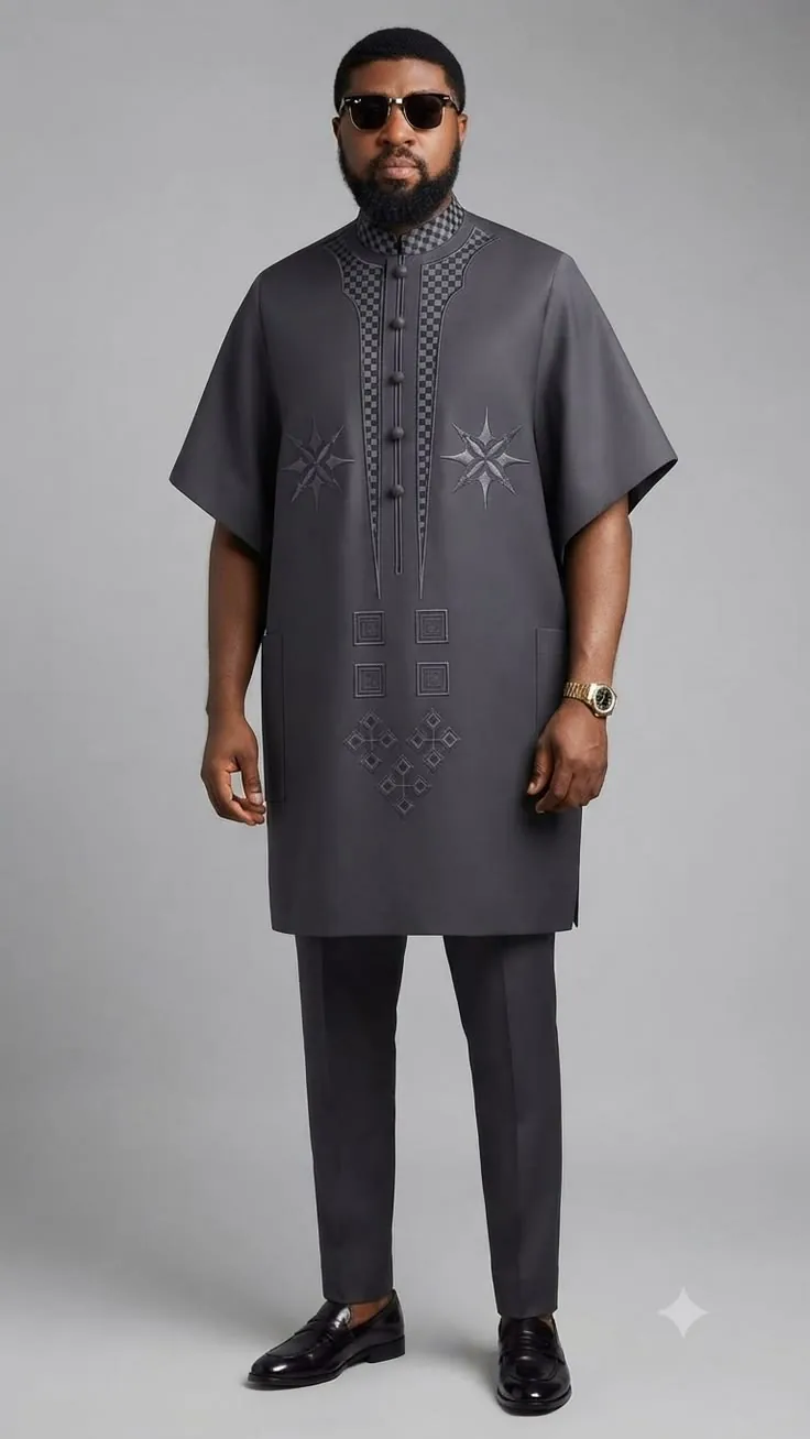Man in a charcoal short-sleeve kaftan with tonal embroidery and matching trousers