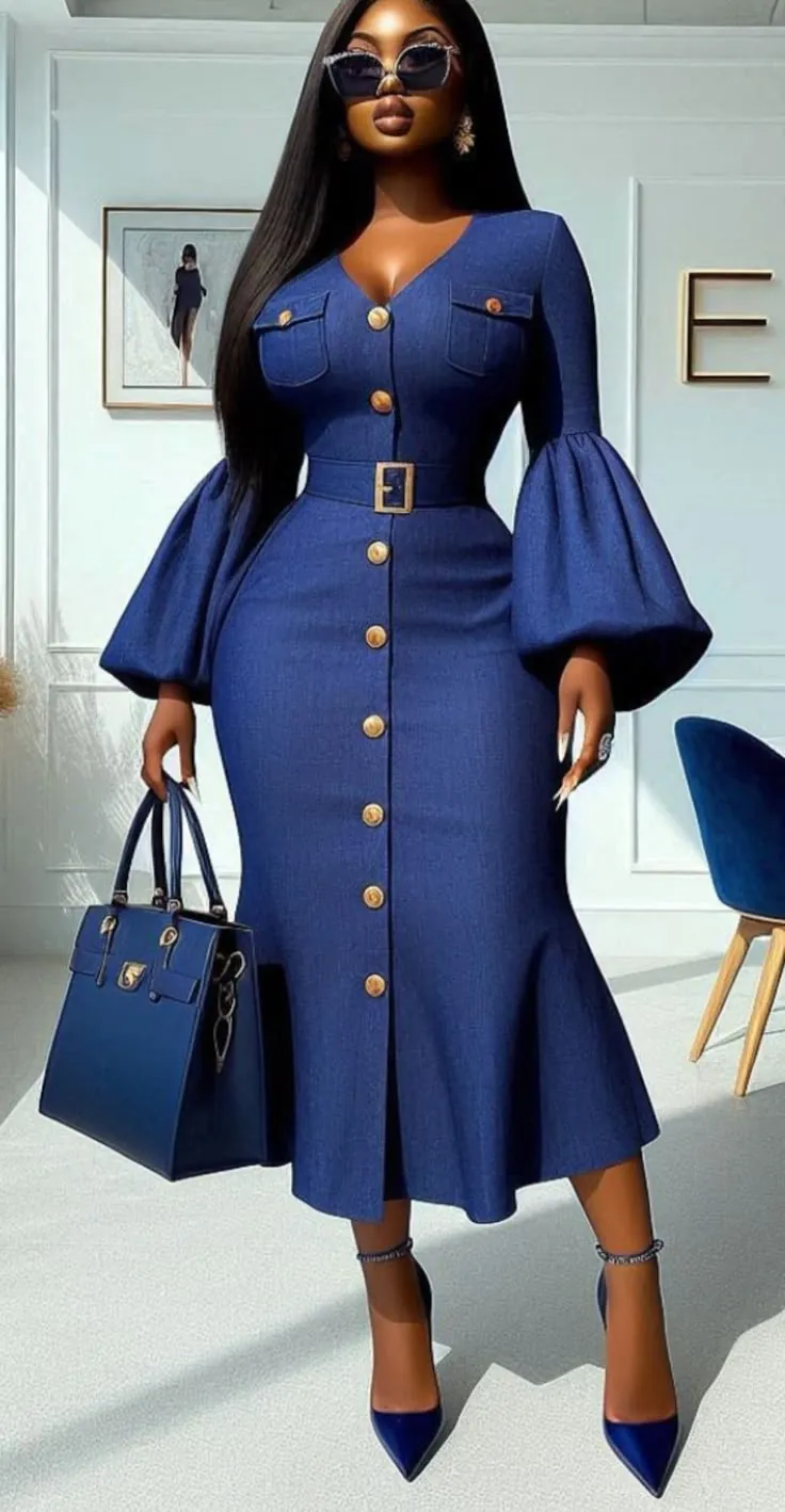 Woman in a fitted denim midi dress with balloon sleeves, gold buttons and a belted waist