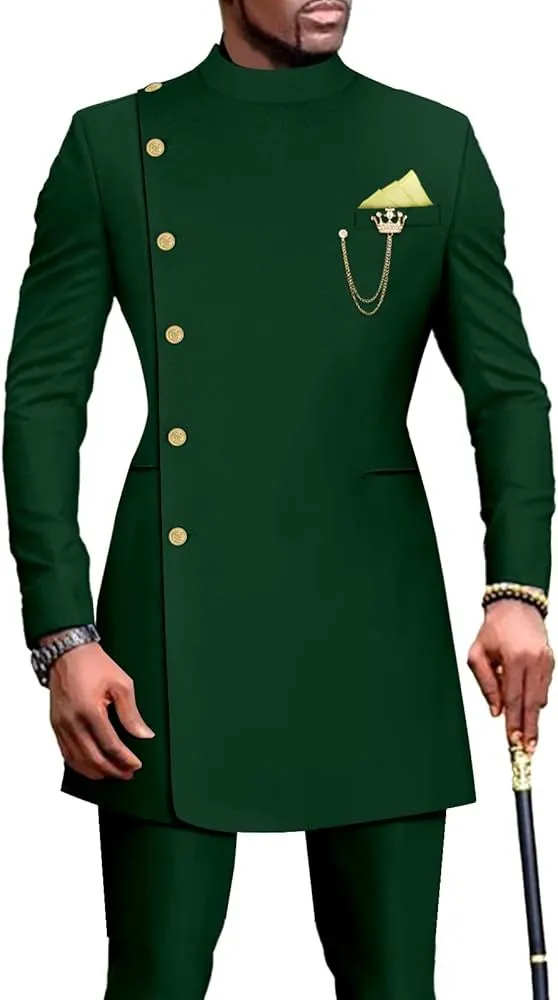 Man in an emerald stand-collar suit with an asymmetric gold button closure and pocket chain