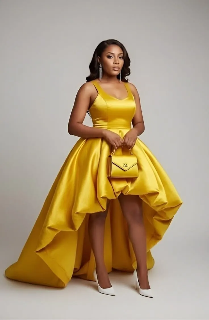 Woman in a gold satin gown with a fitted bodice and voluminous high-low skirt