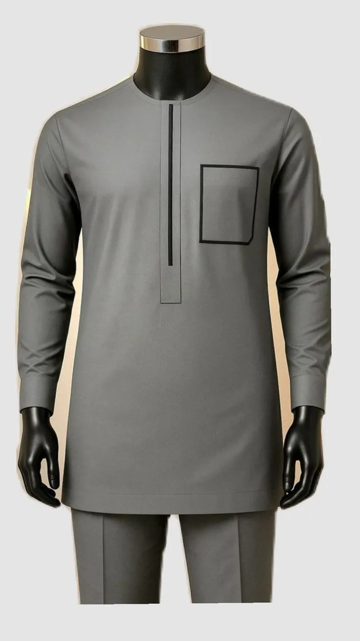 Grey long-sleeve kaftan with outlined chest pocket and zip placket on a mannequin