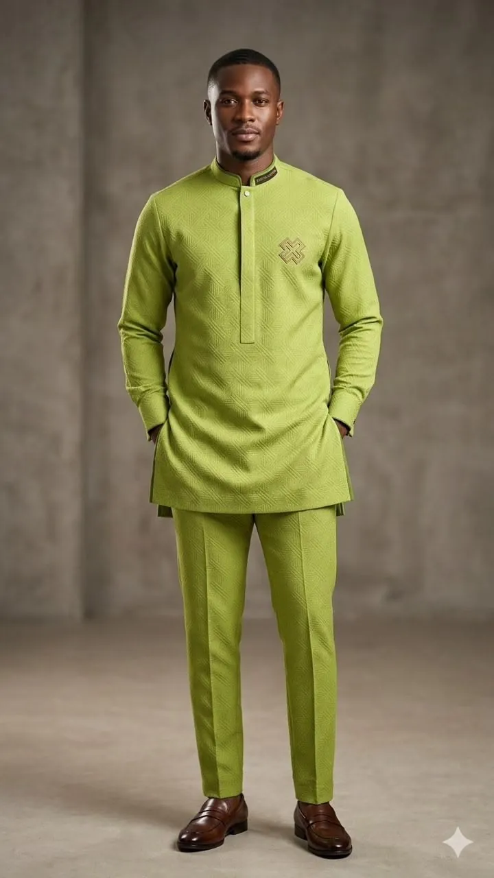 Man in a lime green kaftan and trousers with embroidered chest detail