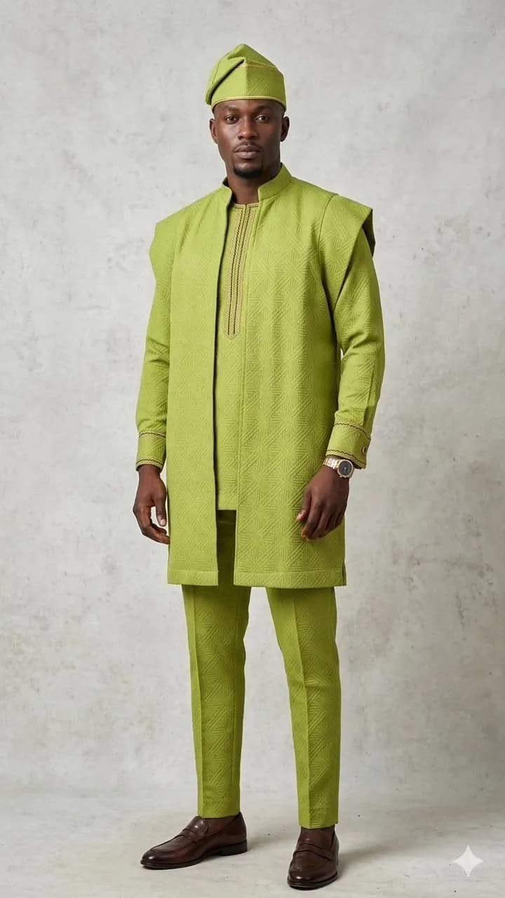 Man in a lime green sleeveless overcoat, tunic, trousers and matching fila cap
