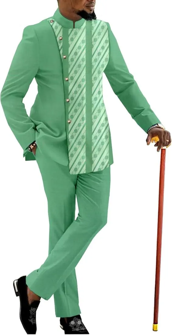 Man in a mint two-piece suit with a printed front panel and a walking cane