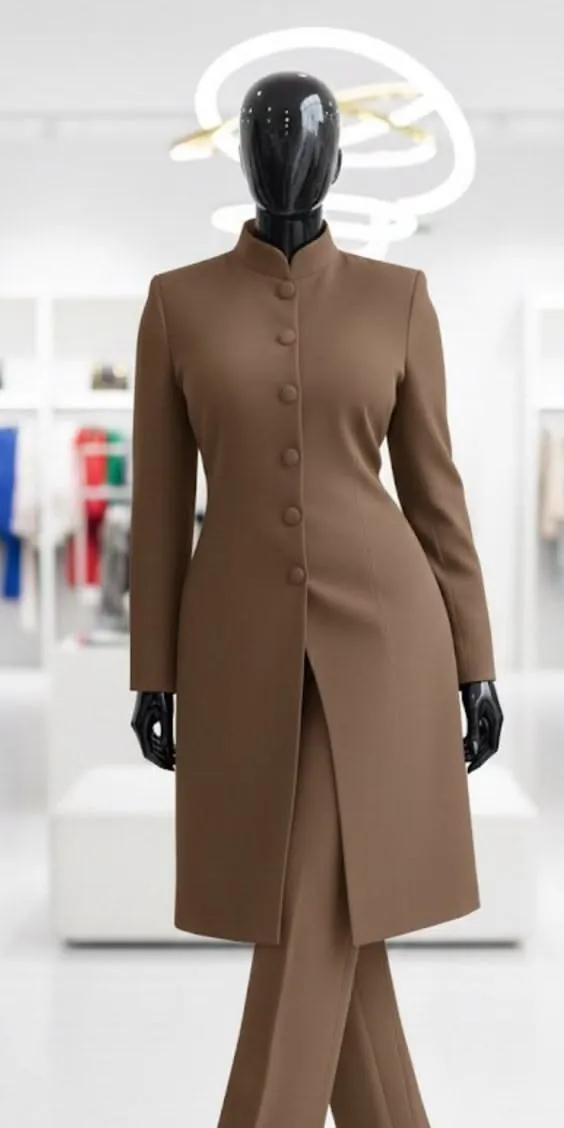 Mocha brown long-line coat with stand collar and covered buttons over wide trousers