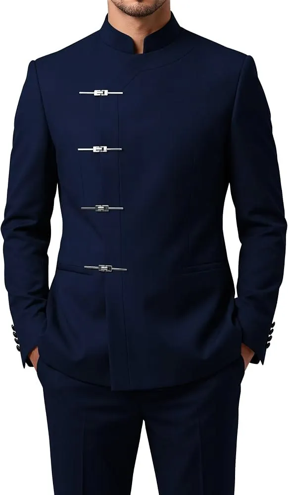 Man in a navy mandarin-collar jacket fastened with silver clasps