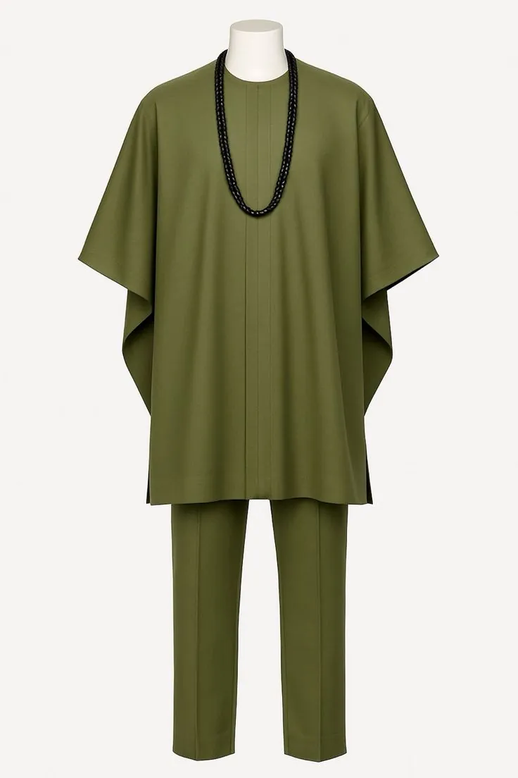 Plain olive agbada with matching trousers and black beads on a mannequin