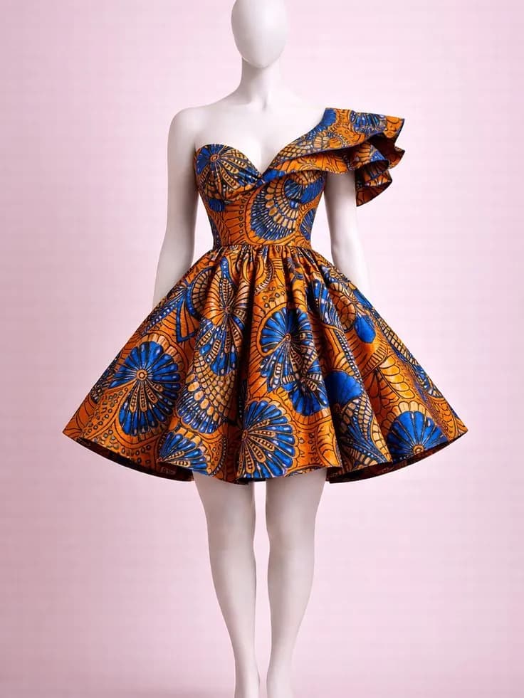 Orange and blue Ankara one-shoulder dress with a ruffled shoulder and full skirt