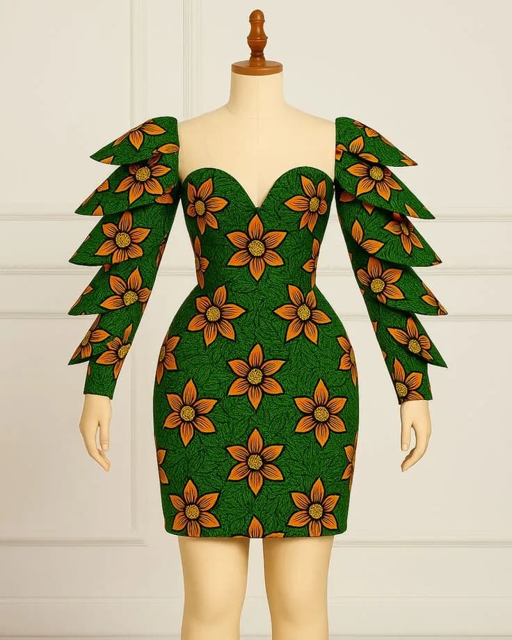 Green and orange floral Ankara mini dress with layered petal sleeves on a dress form