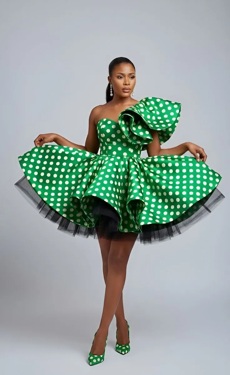 Woman in a green polka-dot dress with a sculpted ruffle and black tulle underskirt