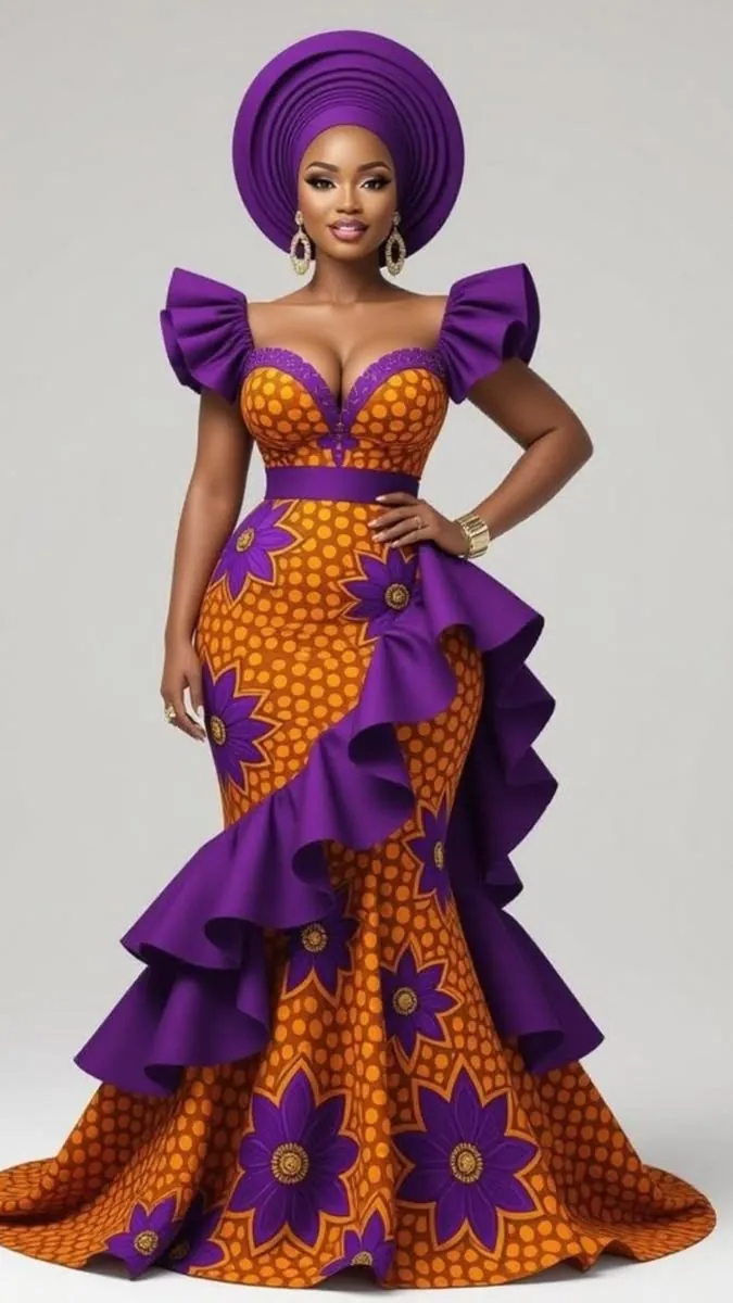 Woman in an orange Ankara mermaid gown with purple ruffles and a matching gele