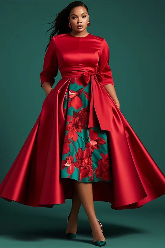 Woman in a red satin gown with a bow-tied waist and green floral front panel