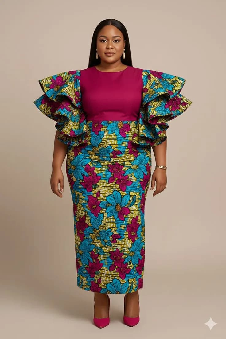 Woman in a magenta top with layered Ankara ruffle sleeves and a matching print pencil skirt
