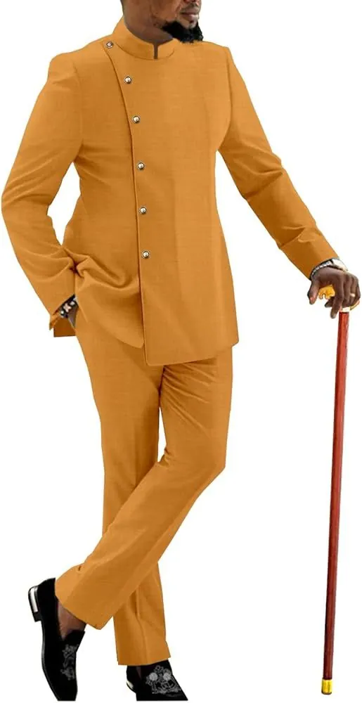 Man in a saffron mandarin-collar suit with gold buttons and a walking cane