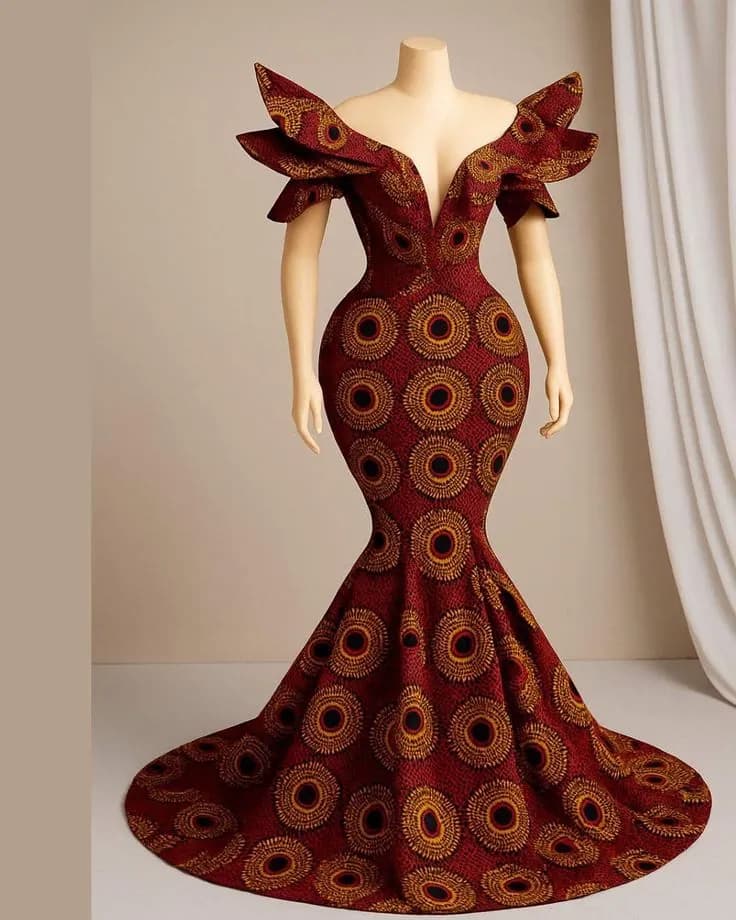 Burgundy Ankara mermaid gown with sculpted off-shoulder sleeves and a long train