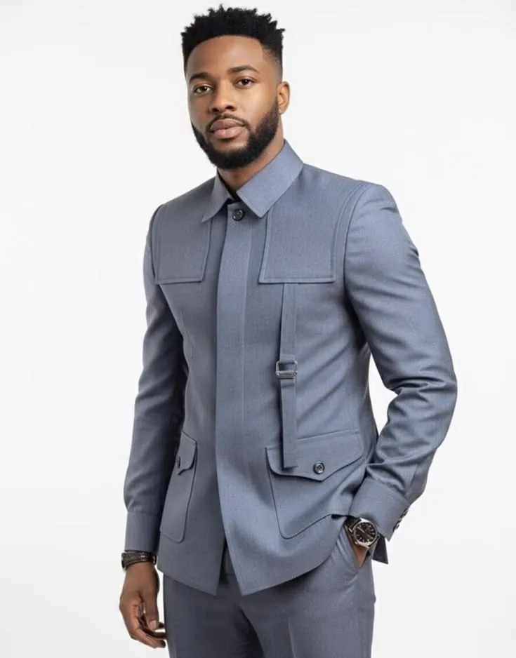 Man in a slate blue suit jacket with utility pockets and a buckle strap