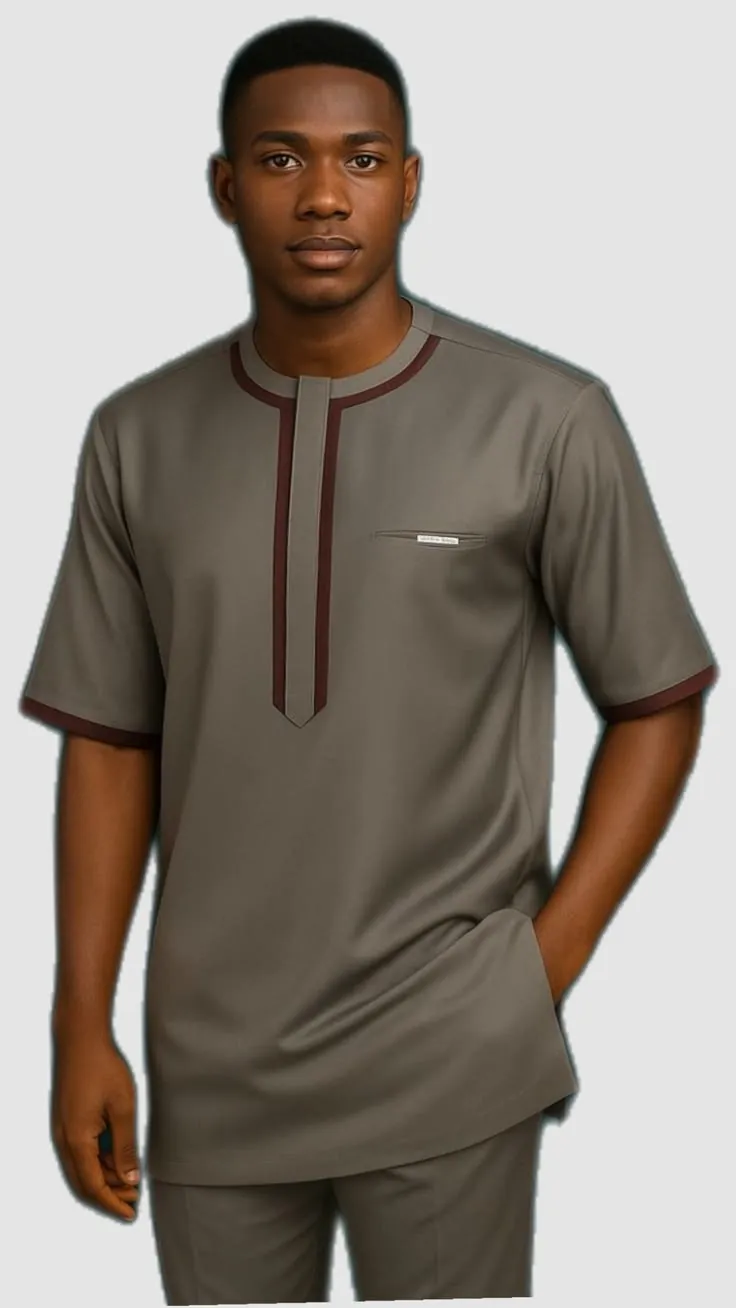 Man in a taupe short-sleeve kaftan with burgundy piping at the neck and sleeves