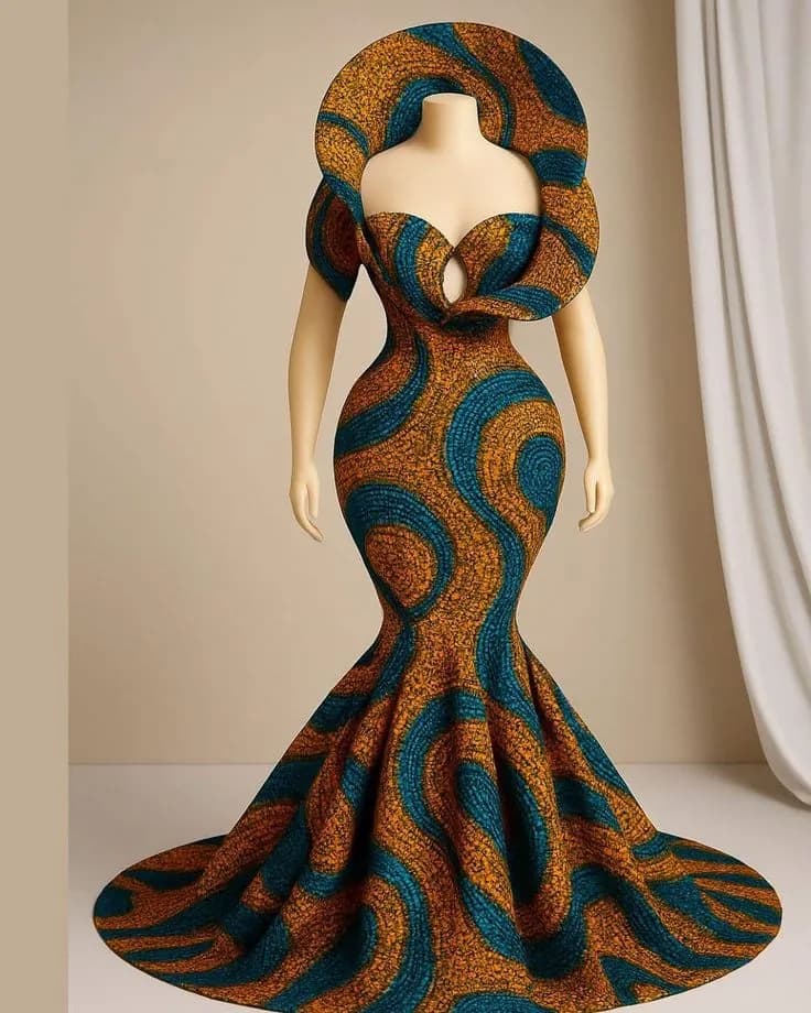 Teal and orange Ankara mermaid gown with a sculpted wrapped neckline